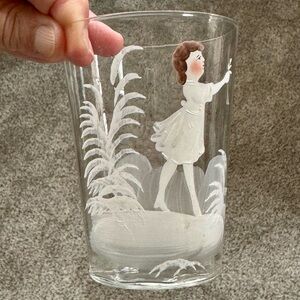 Mary Gregory Clear Paneled Tumbler Circa 1890 Girl with Flower
